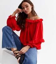 New Look Red Frill Puff Sleeve Bardot Top